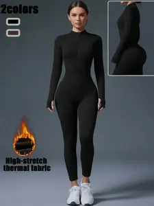 Women's Casual Long Sleeve Zipper Yoga Jumpsuit, Sports Jumpsuit, High Waist Slim Fit, Soft Nylon Spandex Fabric, No Padding, Ideal for Daily Wear