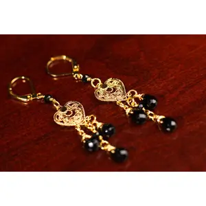 Natural Black Onyx Dangling  Filigree Chandelier Heart, Faceted Onyx Spacers Wire Wrapped Gold Earrings, Handmade Gift for Her
