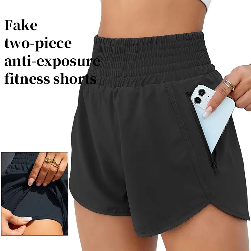 Women's Athletic Shorts High Waisted Running Shorts Pocket Sporty Short Gym Elastic Workout Shorts Elastic Waistband, Breathable Polyester