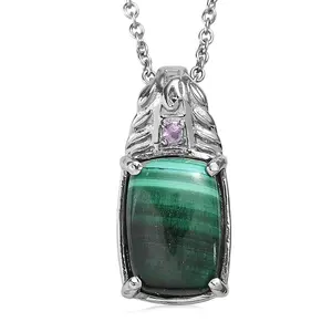 Malachite and  Amethyst 9.40 ctw Pendant Necklace in Stainless Steel 20 Inches