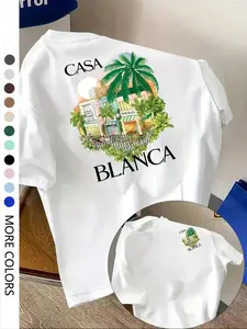 Men's Casual Sporty Short Sleeve Shirt, Casablanca Town Print, Comfortable Round Neck T-Shirt for Outdoor Gym Streetwear