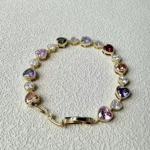 Multicolor Heart Cut Cubic Zirconia Bracelet | 14K Gold Plated | Rainbow Love Jewelry for Women | Perfect for Pride & Everyday Wear