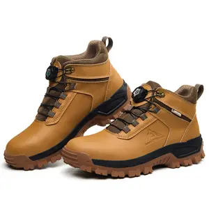 Men’s tactical safety boots with steel toe, leather work shoes, wear-resistant upper with puncture-resistant plate and non-slip sole; heavy-duty protective footwear suitable for outdoor hiking and labor.