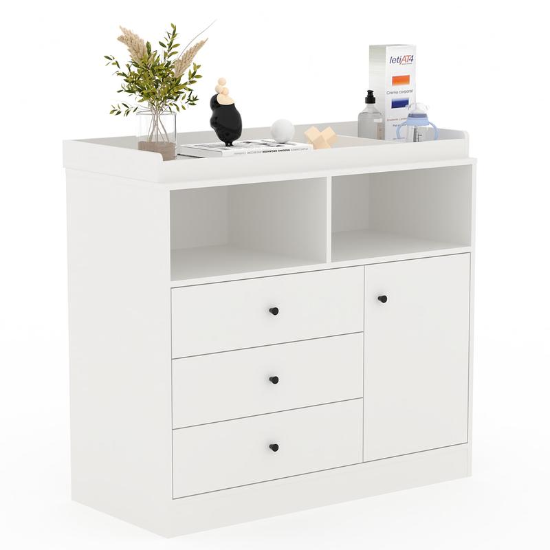 Floor-Standing Multi-Functional Baby Changing Table - 40'' L x 18'' W x 37.4-Inch Height, 3 Drawers, 2 Open Shelves, Cabinet, Cushioned Back-Friendly Certified by Huak Diaper Station & Dresser with Removable Top for Bedroom
