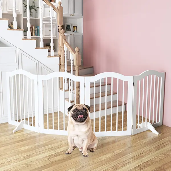 Solid Wood Pet Safety Barrier - 27.6 in Tall, Freestanding 4-Panel Flexible Folding Fence with 2 Support Legs, Heavy Duty, Durable, Anti-Scratch, MDF Boards, Expandable 80 in Width for Stairs, Halls, Bedrooms, Foldable
