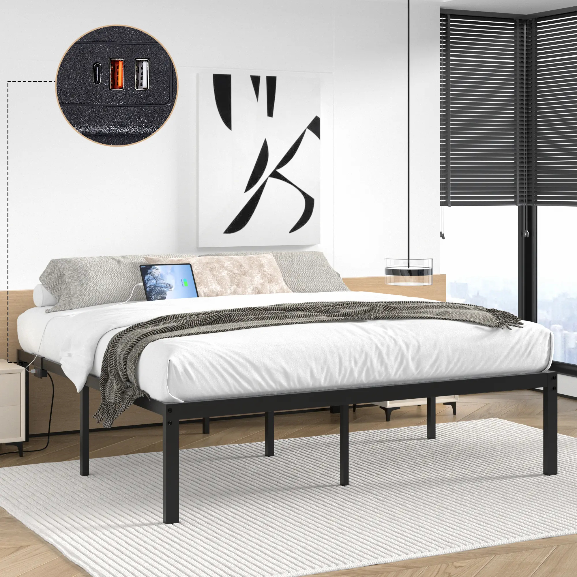 VECELO 14" Heavy Duty Metal Bed Frame with USB Charging Station/Foldable Headboardless Bed Frame/Mattress Base/Steel Slats Platform/No Noise/No Box Spring Required, Queen Sturdy Queen
