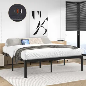 VECELO 14" Heavy Duty Metal Bed Frame with USB Charging Station/Foldable Headboardless Bed Frame/Mattress Base/Steel Slats Platform/No Noise/No Box Spring Required, Queen Sturdy Queen