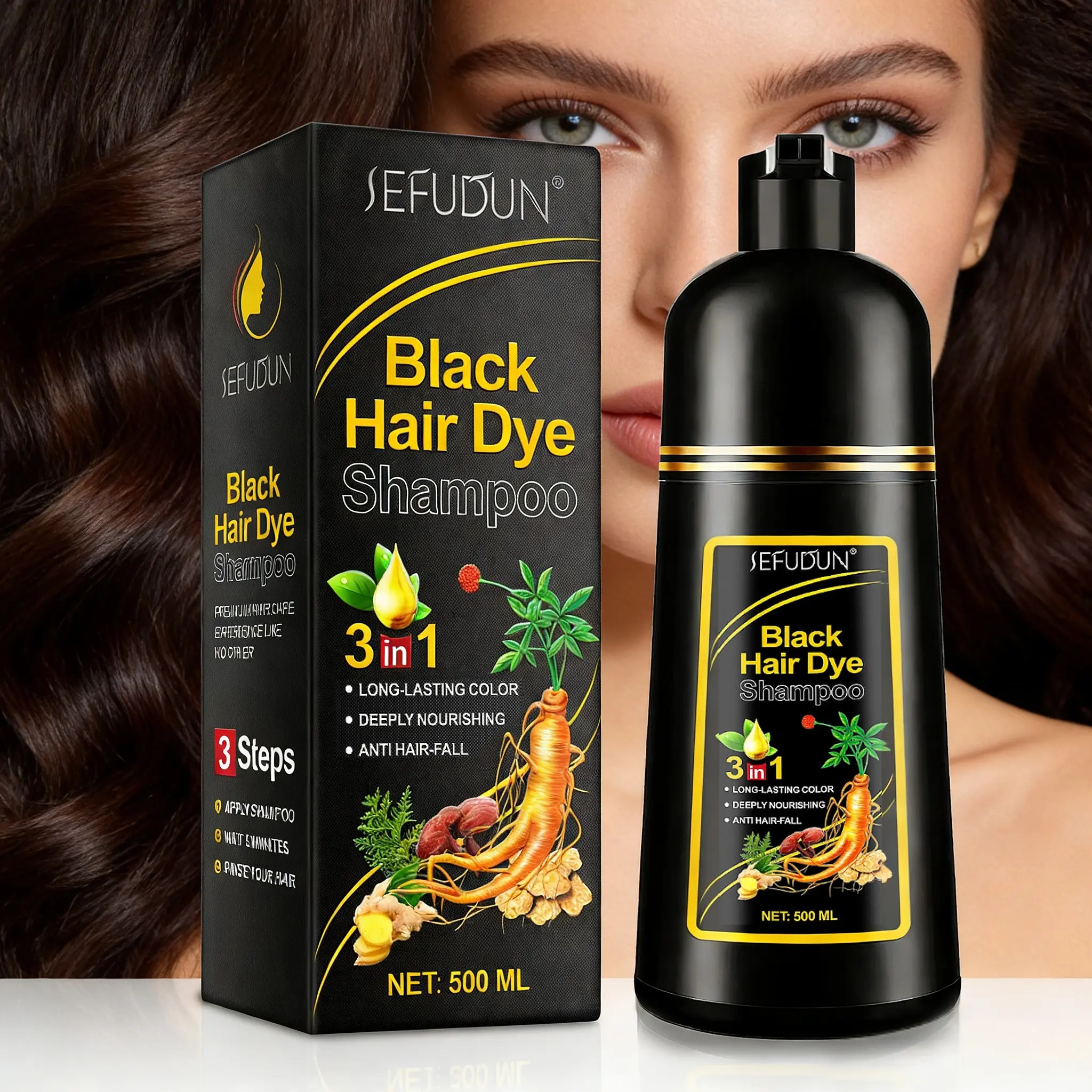500ML 3in1 Sefudun Dye Shampoo, Covers Hair, Natural Herbal Formula, Long-Lasting Color, Salon Quality at Home, Valentine's Gift