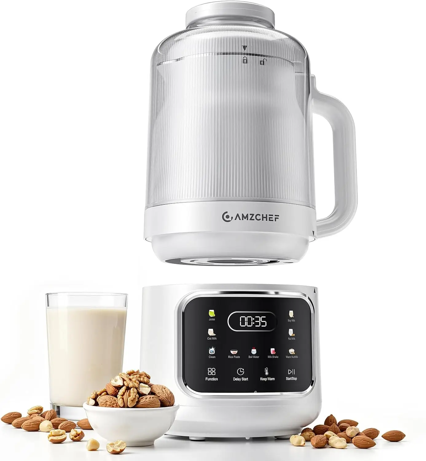 10-in-1 Nut Milk Maker Machine with Detachable Design, Noise Reduction | AMZCHEF 33.8oz soy milk maker with Self-Clean,12H Delay, Keep Warm,Homemade Plant-Based Milk, Oat, Soy for Family & Party