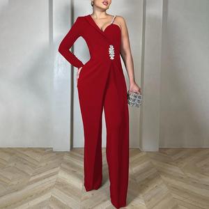 ChicMe Women's One Shoulder Rhinestone Decor Jumpsuit Casual Long Sleeve Wedding Guest Wide Leg Romper