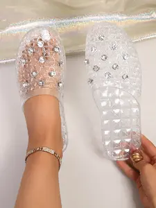 New Fashion Versatile Summer Rhinestone Hollow Jelly Shoes, Women's Breathable Mesh Flat Sandals, Stylish Outdoor Slip-On Slippers