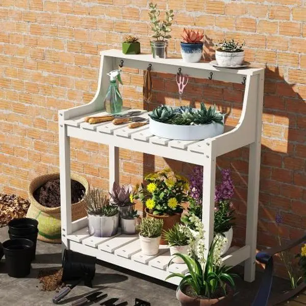 SAYGOGO All-Weather HDPE Wood Grain Outdoor Potting Bench, Multi-Level 3-Tier Storage UV-Resistant Garden Table for Patio, Backyard Planting Workstation