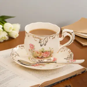 Vintage Ceramic Tea Cup & Saucer Set with Spoons, Ivory Floral & Accents, Elegant Gift for Women, Perfect for Tea Lovers, Drinkware