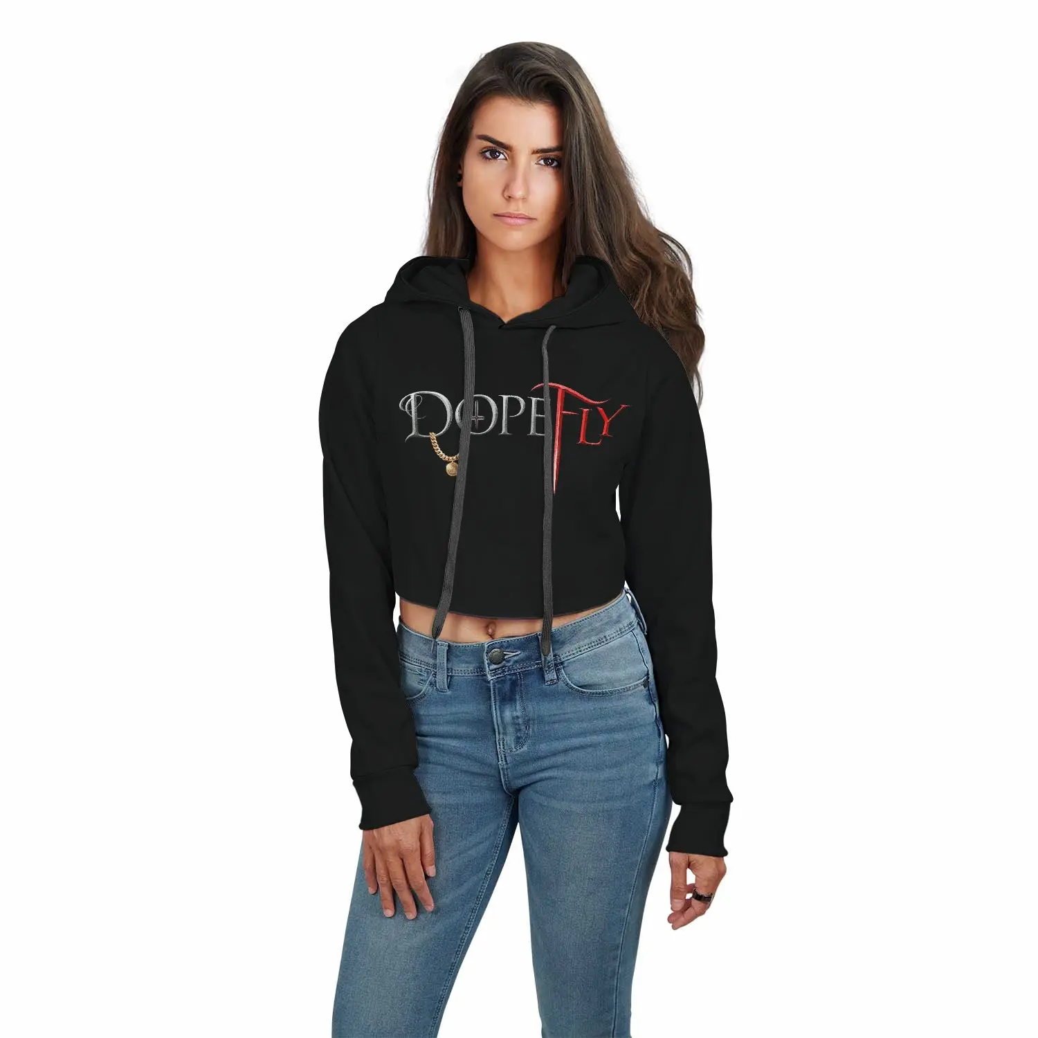 Dopefly World AOP Crop Hoodie Black