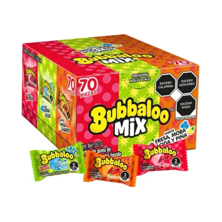 Bubbaloo Mix 3-Flavor (70 Pieces) Liquid-Filled Center Bubble Gum, Mexican Candy, Dulces Mexicanos, Flavors Fresa, Mora Acidia, and Pineapple Chamoy