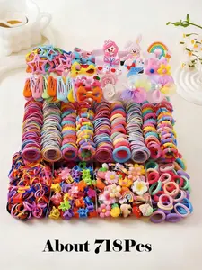 718pcs/Set Girls' Pink Bowknot Hair Clips, Cute Princess Elastic Hair Accessory, High Elastic Durable Non-Damaging Hair Ties, Hair Bands, Rabbit Ear Hair Rings, Versatile Duck Clip Barrettes, Suitable For Daily Use, Hair Accessories Sets
