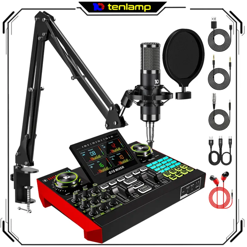 Tenlamp G10 Multi-Mode USB Audio Converter Complete Kit - Mini Console Mixer, Portable Live Audio Card with 2-Stage Noise Reduction, Dual Inputs, USB Port, Condenser Microphone, Boom Arm, OTG Cable, Plug-and-Play for Mobile/PC Live Streaming