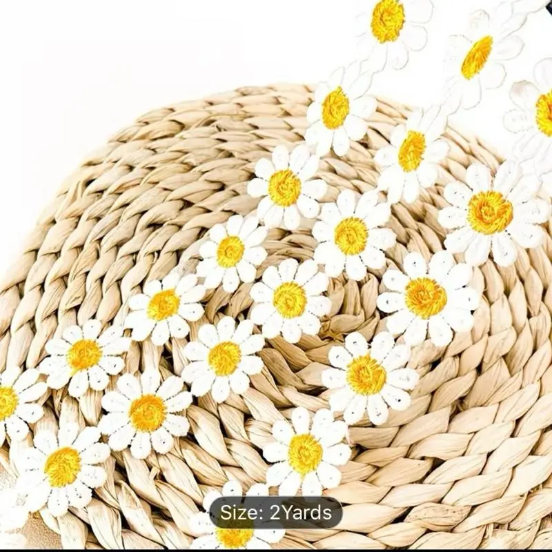 2 Yards White & Yellow Daisy Lace Trim 1” Width Floral Sewing Edging for Dressmaking & Craft Projects