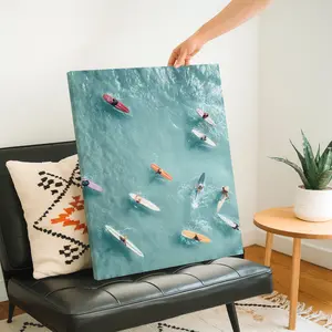 Travel Wall Art, Aerial View Surfers In Turquoise Ocean Poster, Coastal Minimalist Photography Style Printing, Turquoise Blue Multicolor Canvas Decoration, Living Room & Bathroom Aesthetic, Perfect Housewarming Gift, Framed.