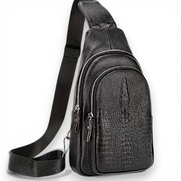 Unisex Croc Texture Sling Bag, Fashionable PU Leather Crossbody Chest Pack with Adjustable Strap and Dual Zippers for Travel, Fashionable Bags, Casual Outing, Crossbody Pack, Front Panel, Daily, Compact, City Commute, Lightweight, Messenger Bag