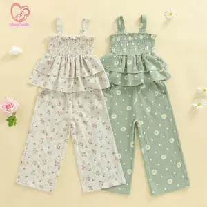 Baby Girl Spring Outfits Sleeveless Smocked Tank Tops + Pocket Pants Set Toddler Clothes