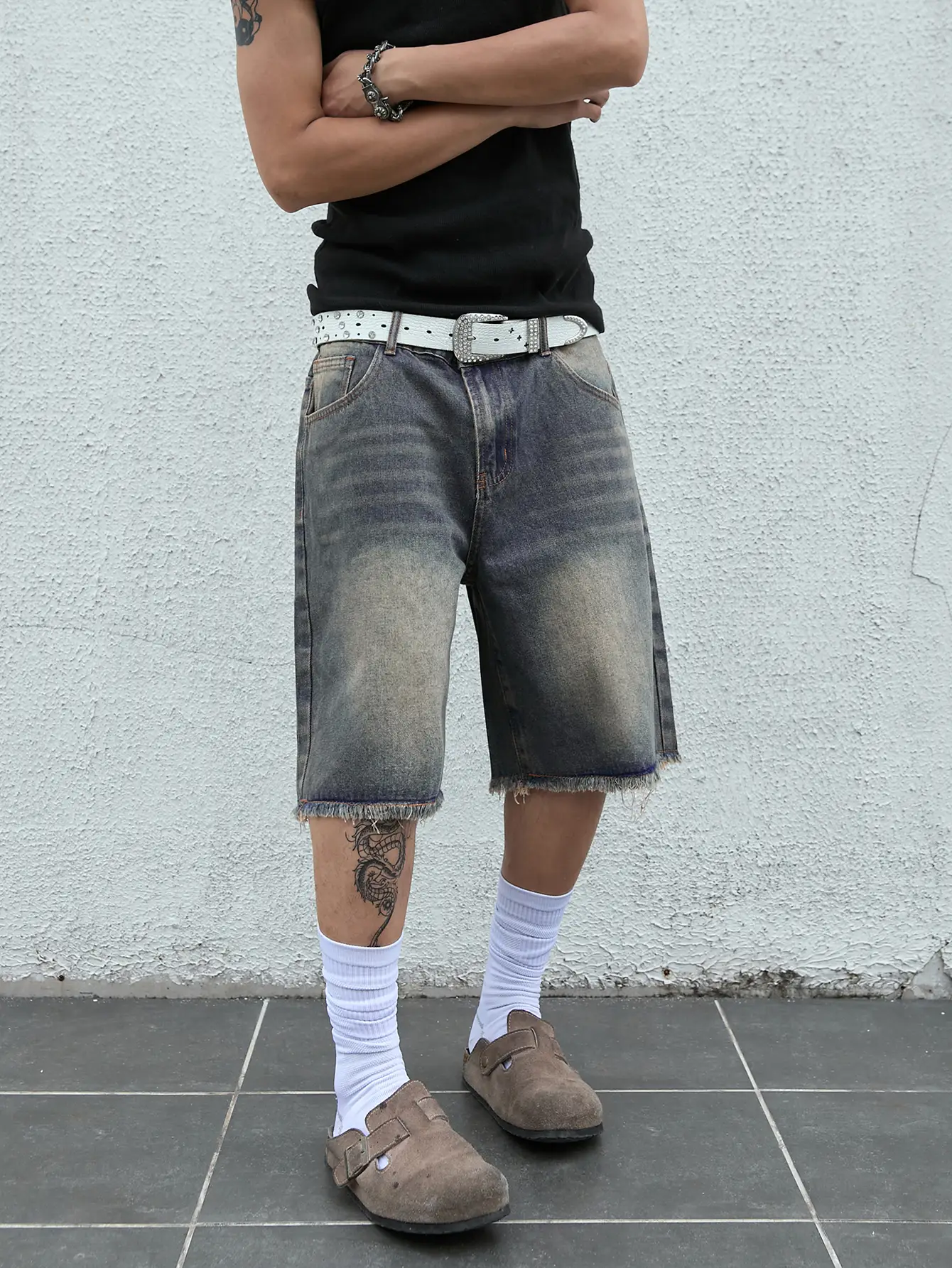 Straight Leg Jean Shorts Raw Hem Low Rise Denim Bermuda Jorts Shorts Streetwear