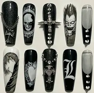 The New World Anime Press On Nails | Ryuk and Light Yagami Anime | Gothic 3D Skull and Cross Nails | Hand Painted Manga Character Art