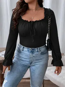 Cream Style T-Shirt Blouse, Casual Comfy Shirt, with Long Sleeve, Front Tie, Ruffle Sleeves and Hem, Basic Casual Feminine Ruffled Slim-Fitting Womenswear Top for All Seasons, Perfect for Layering and Outings