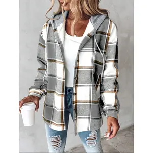 Plaid Hooded Fleece Shirt Jacket, Loose-Fit Long Sleeve Woven Fabric Casual Spring & Fall Outerwear, Thick Comfortable Women's Clothing
