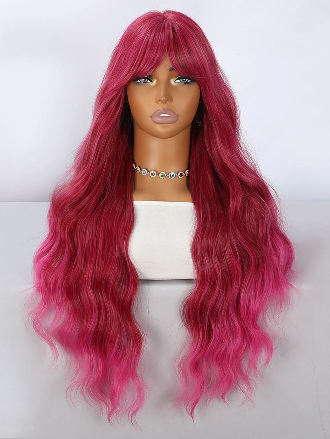 GGIRL Ombre Magenta Long Wavy Synthetic Wig with Air Bangs, Heat Resistant Full Machine Made Wig, Colorful Cosplay Party Daily Wigs for Women