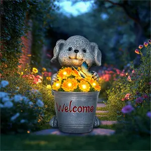 Solar Garden Decor Dog Statue Outdoor Christmas Decorations Dog Figurine Light with Bucket for Outdoor Patio Balcony Yard Porch Lawn for Women Mom Grandma Family Friend