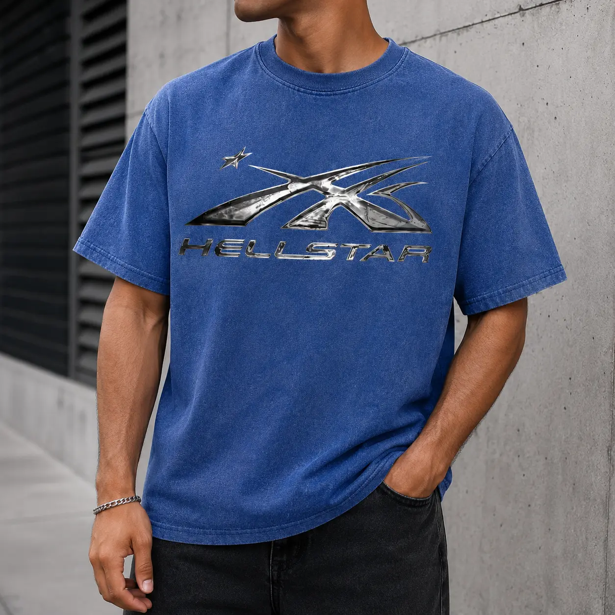B-Men’s Washed Blue Graphic T Shirt Metallic Futuristic Star Logo Print Vintage Y2K Cyber Streetwear Crew Neck Short Sleeve Casual Summer Concert Urban Outfit Top