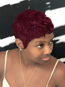 Pixie Cut Human Hair Wigs Burgundy, Machine Made Short Straight Layered Wig for Women, Natural, Daily Party Cosplay