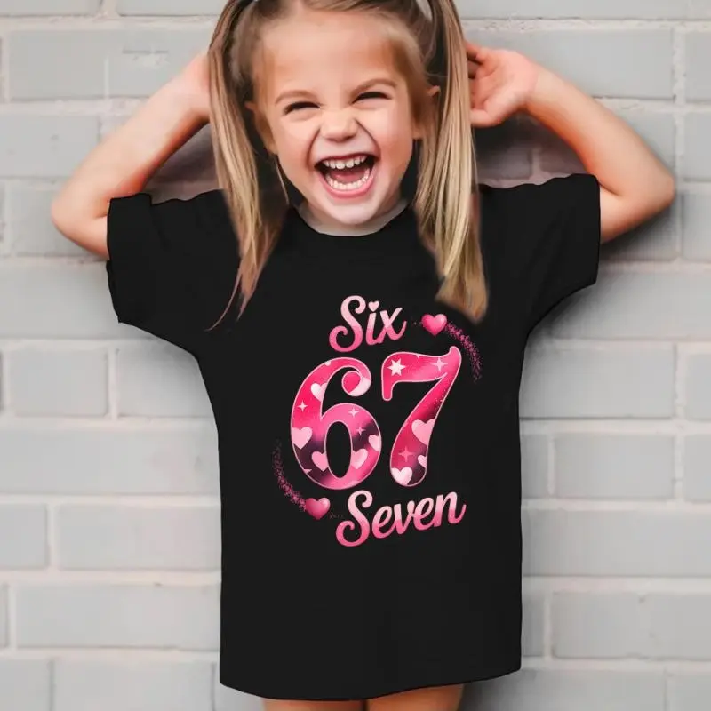 Girls' Summer Short Sleeve T-Shirt Suitable for - SIX & SEVEN Number Print Casual Round Neck Top |     Cute Six Seven Graphic Tee for, Playdates & Casual Attire