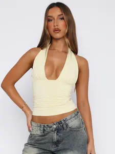 Women's Sexy Deep V Neck Sleeveless Crop Top, Ruched Design, Slim-Fit Summer, Perfect for Street Style, Floral Shorts Included, Womenswear