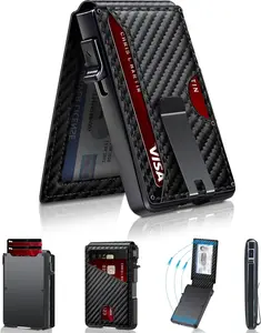 Stylish Black RFID Popup Card Wallet for Men - Slim Design, Secure Storage & Effortless One-Touch Eject（Does not support storing cash） SpringStatements（No cash storage, only for cards））