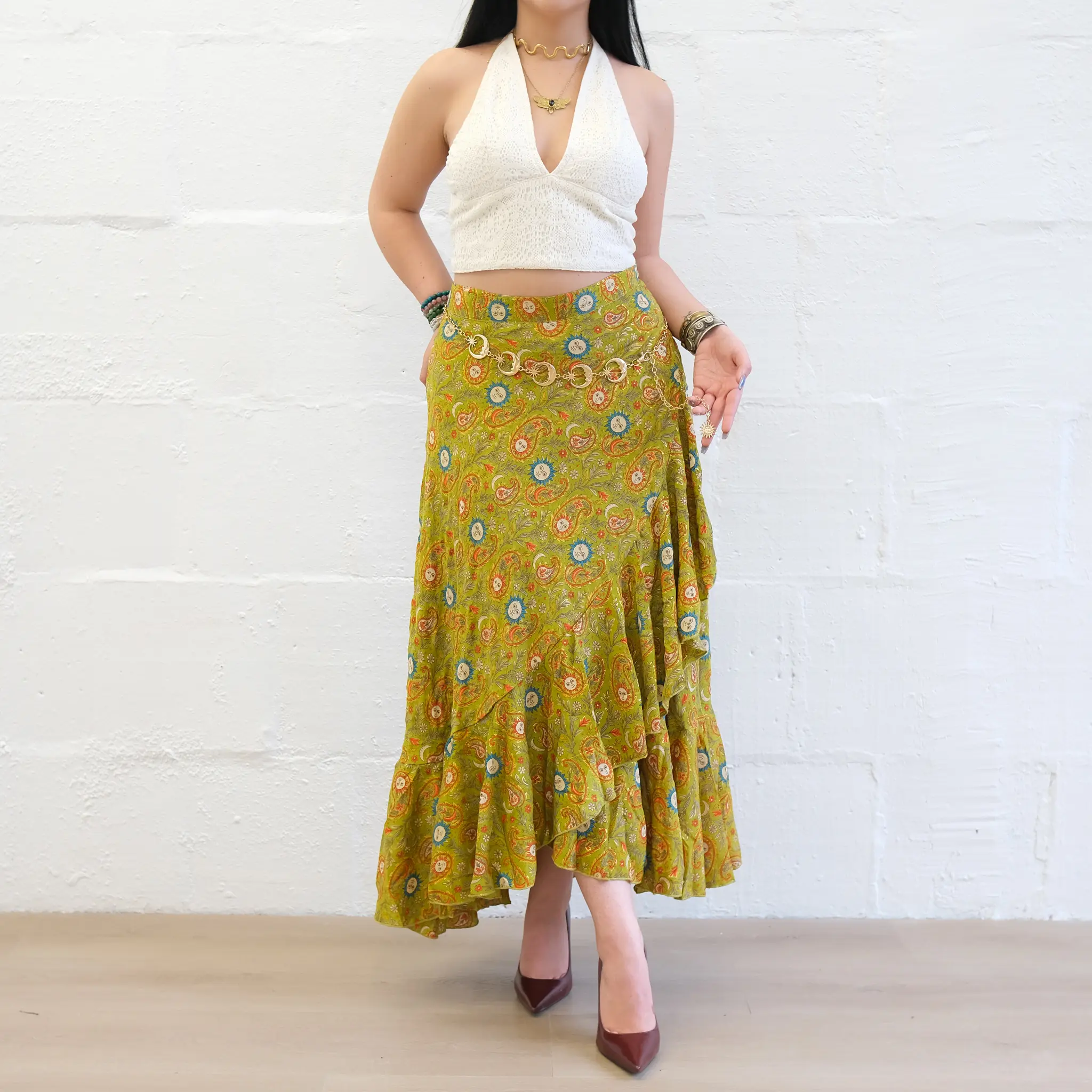Flowy Wrap Skirt with Ruffles, Fairycore Boho Maxi Skirt, Paisley Celestial Prints, Bohemian Summer Long Skirt, Whimsical Skirts