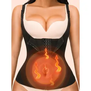 Waist Trainer Vest For Women, Zipper Corset Body Shaper For Tummy Control Neoprene Cincher Tank Top With Straps Shapewear Womenswear Knit Solid Compression Basic Black Minimalist