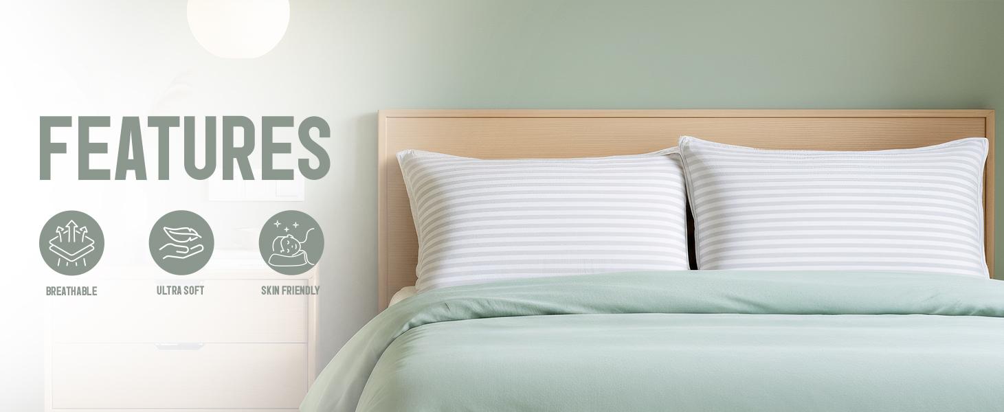 Utopia Bedding Premium Striped Bed Pillows for Back Stomach & Side Sleepers - Polycotton Soft Breathable Covers, No-Shift Construction, White, Pack of 2 - Polyester - Supportive Memory Foam