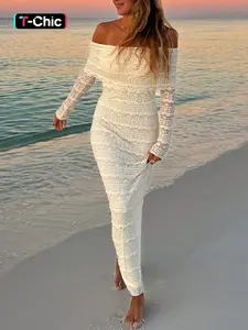 Women's Plain Floral Lace Off Shoulder Sheer Dress, Elegant Backless Long Sleeve Long Dress for Beach Holiday Vacation, Ladies Spring & Fall Clothes, Elegant Gown, Womenswear