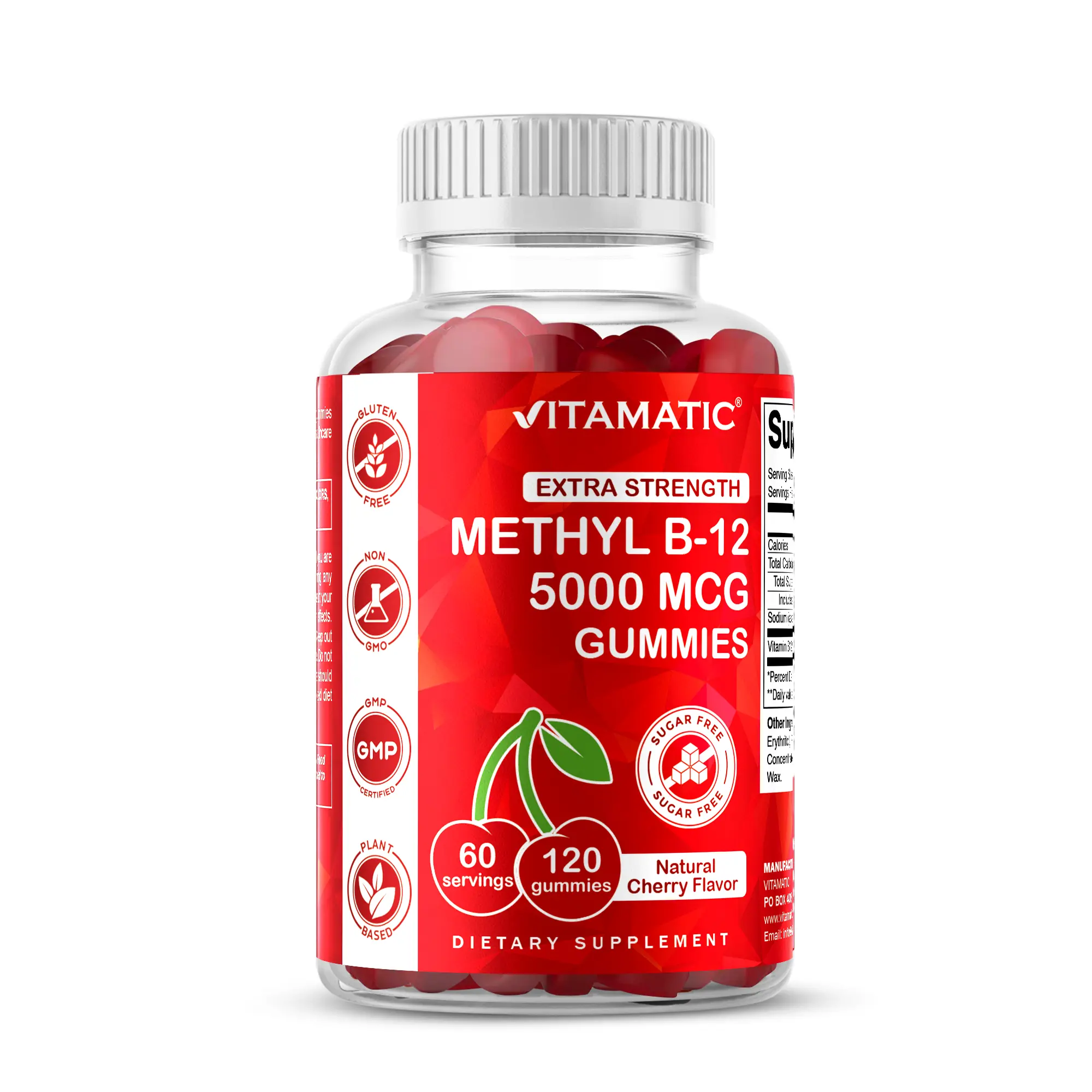 Vitamatic Extra Strength Gluten-Free Vegetarian Chewable Methyl B12 Vitamin 5000 mcg Dietary Gummies - 120 Count, Natural Cherry Flavor, Energy Metabolism Support, Nervous System Support