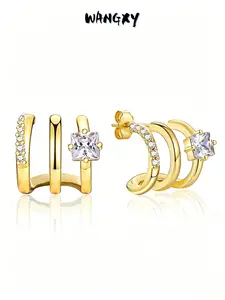 WANGXY 14K Gold Plated Triple Arc Earrings Women's Claw Set With Cubic Zirconia Earrings Statement Triple Hoop Stud Earrings Stud Earrings Jewelry Studs Earrings