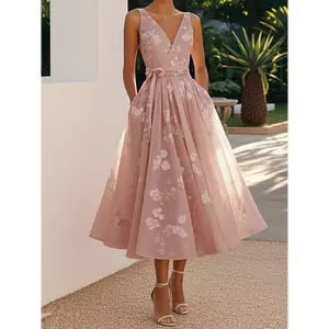 Elegant Off-Shoulder Evening Gown for Women - Sexy V-Neck, Long Sleeve, Waist Cinching, Light Pink Floral Print, Formal Ball Gown for Weddings and Special Occasions, Wedding Guest Attire | Vneck Design | Ruched Waist Detail, Dresses Wed Fabric Polyester