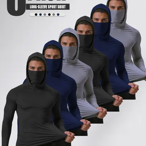 Men's 6-Pack Hooded Sportswear with Mask Design - Elastane, High-Elasticity, Breathable Compression Sweatshirt, Quick-Drying, Tight-Fit Unisex Clothes, Stretch Fitness Wear, Outdoor Athletic Sportswear for Fishing, Running