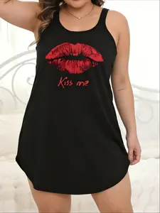 Sexy Lip Print Plus Size Women's Sleeveless Sleepwear, Casual Loose Fit Skin-Friendly Home Short Dress, Stars Pattern