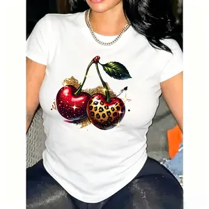 Women's Vintage Sparkly T-Shirt - Leopard Print, Glitter Cherry, Oversized Y2K Style, Short Sleeve Crew Neck, Soft Breathable Summer Casual Fabric ,Men's T-shirt, Women's T-shirt
