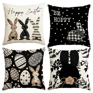 4pcs Easter Happy Pillow Cover, Black Cute Rabbit Egg Buffalo Grid Design Single sided Printed Cushion Cover, 18 * 18 inches, Zippered Closure, Farmhouse Festival Party Decoration, Suitable for Room Living Room Home Sofa Decoration (No Pillow Core)