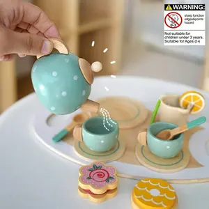 Wooden Tea Set Toy, Realistic Teapot, Cups & Food Toys, Kitchen Accessories, Role Play for Boys & Girls, Ages 3-5, Party Food Toys, Pretend Cooking Set