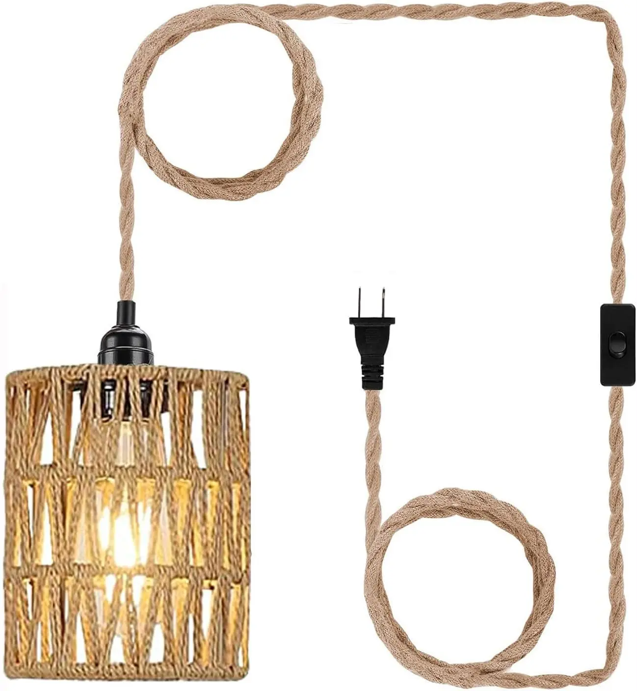 Handmade Rustic Vintage Boho Plug-in Pendant Lamp - 450cm Adjustable Height, Rattan Cylinder Hanging Lampshade, Plug-in Cord, On-Off Switch, Hanging Plant Shelf, Dimmable Light - Hanging Lampshade Ceiling Lighting for Bedroom, Living Room