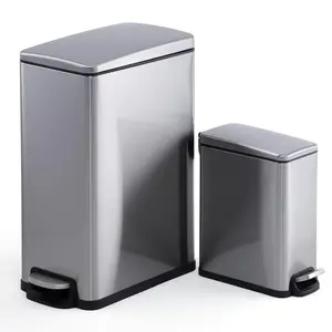 12 Gal + 2.6 Gal Bundle Slim Stainless Steel Kitchen Trash Can – Space-Saving Step-On Recycling Bin with Soft Close Lid, Removable Inner Bucket,Dog Proof for Home, Silver